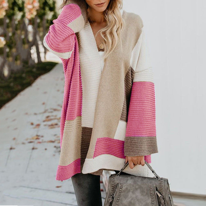 Women's Plus Size Oversized Geometric Colorblock Sweater Cardigan