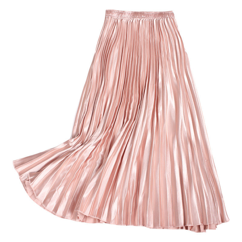 Solid Color Satin Women's High-waisted Pleated Skirt