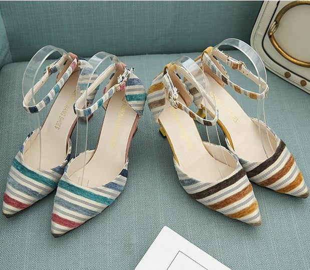 Sandals with cat and buckle cloth stripe heels