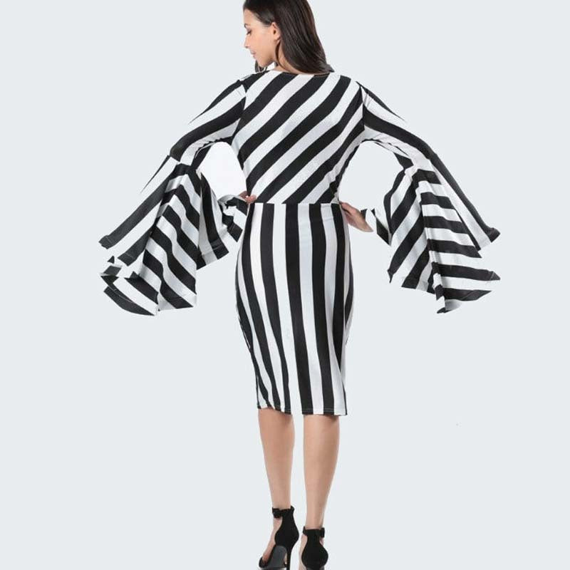 Vertical stripes stitching ruffled sleeves plus size dress