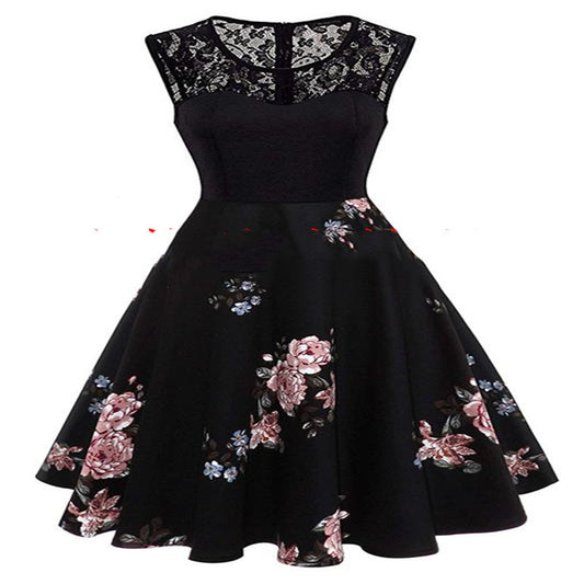 Stitching Retro Black Bottom Peony Print Sleeveless Dress