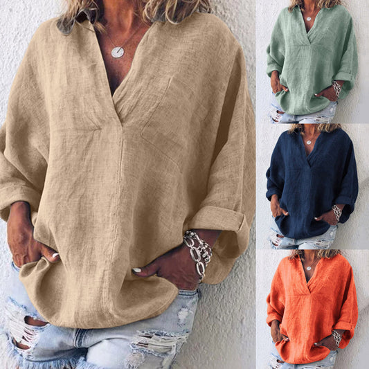 Women's Large Size Solid Color Imitation Cotton And Linen V-neck Long-sleeved Pullover Top