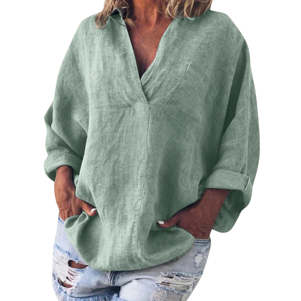 Women's Large Size Solid Color Imitation Cotton And Linen V-neck Long-sleeved Pullover Top