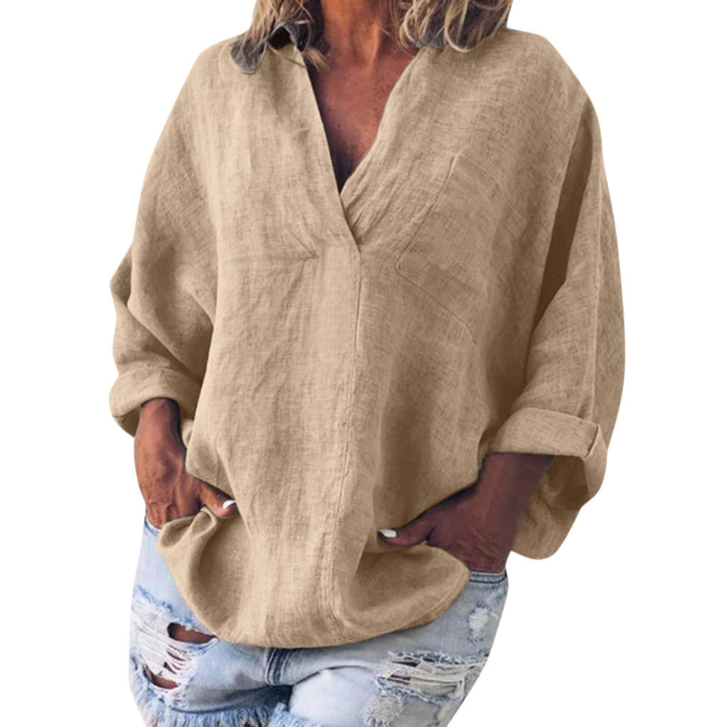 Women's Large Size Solid Color Imitation Cotton And Linen V-neck Long-sleeved Pullover Top