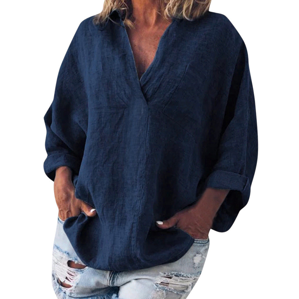 Women's Large Size Solid Color Imitation Cotton And Linen V-neck Long-sleeved Pullover Top