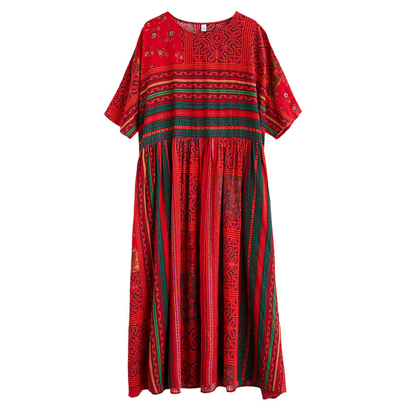 Red Cotton And Linen Print Plus Size Dress