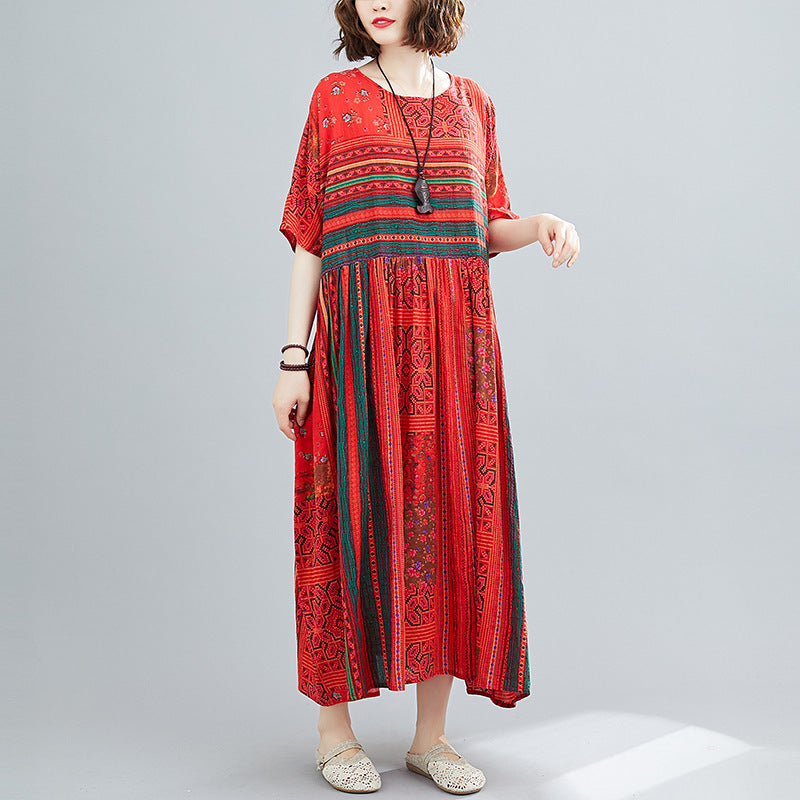 Red Cotton And Linen Print Plus Size Dress