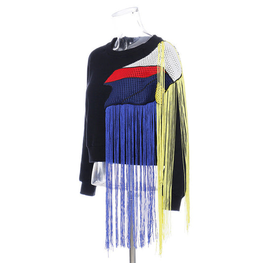 Rainbow Tassel Stitching Mesh Yarn Plush Thickened Sweater