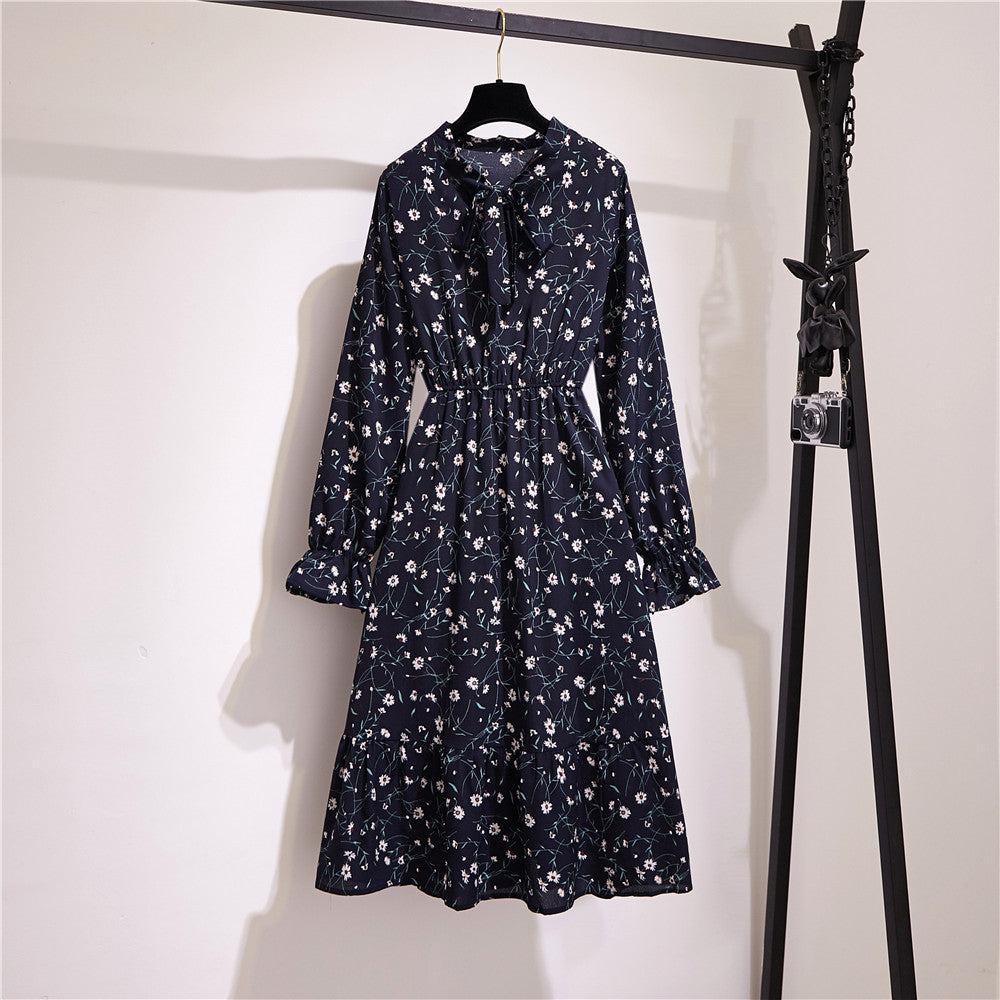 Spring And Autumn Chiffon Long Sleeve Bowknot Waist Pleated Floral Skirt