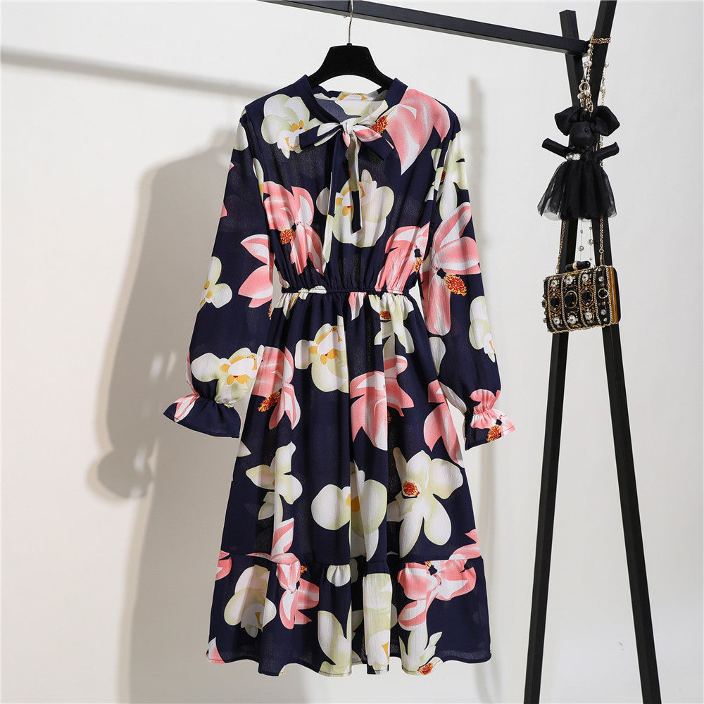 Spring And Autumn Chiffon Long Sleeve Bowknot Waist Pleated Floral Skirt