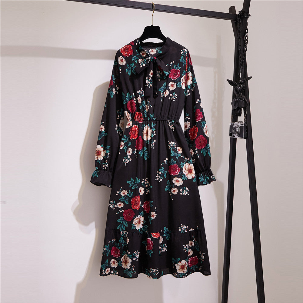 Spring And Autumn Chiffon Long Sleeve Bowknot Waist Pleated Floral Skirt