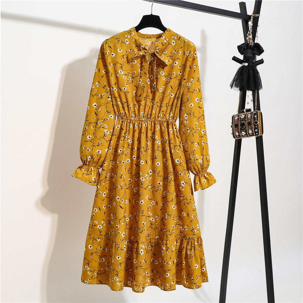 Spring And Autumn Chiffon Long Sleeve Bowknot Waist Pleated Floral Skirt