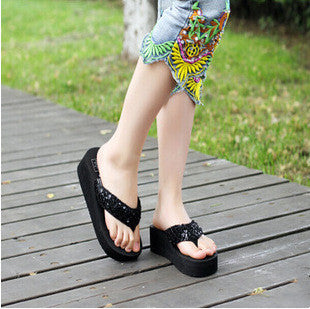 Summer New Style Korean Ladies Sequined Flip Flops Beach Padded Shoes