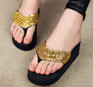 Summer New Style Korean Ladies Sequined Flip Flops Beach Padded Shoes