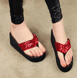 Summer New Style Korean Ladies Sequined Flip Flops Beach Padded Shoes