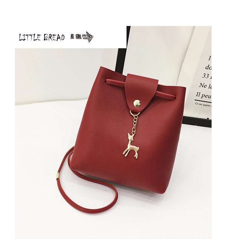 Small Square Bag One Shoulder Diagonal Fawn Pendant Solid Color PU