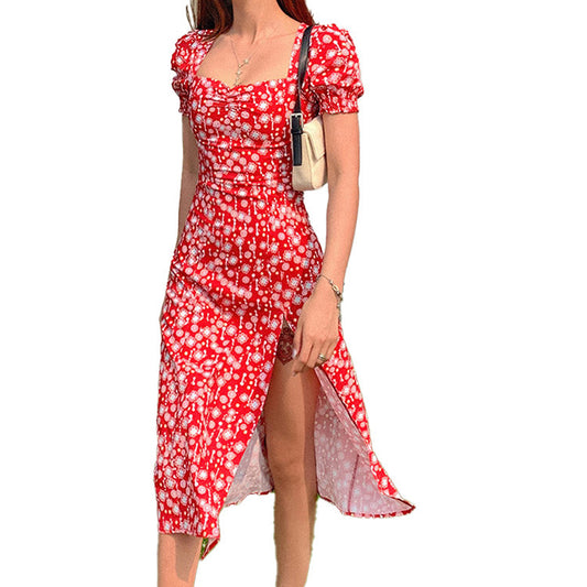 Women's New Polka Dot Short Sleeved Square Necked Hem Split Hip Dress