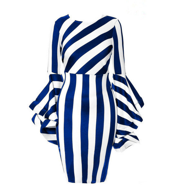 Vertical stripes stitching ruffled sleeves plus size dress