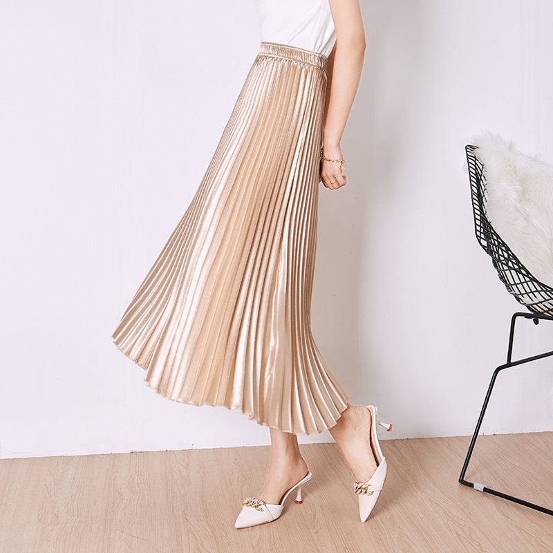 Solid Color Satin Women's High-waisted Pleated Skirt