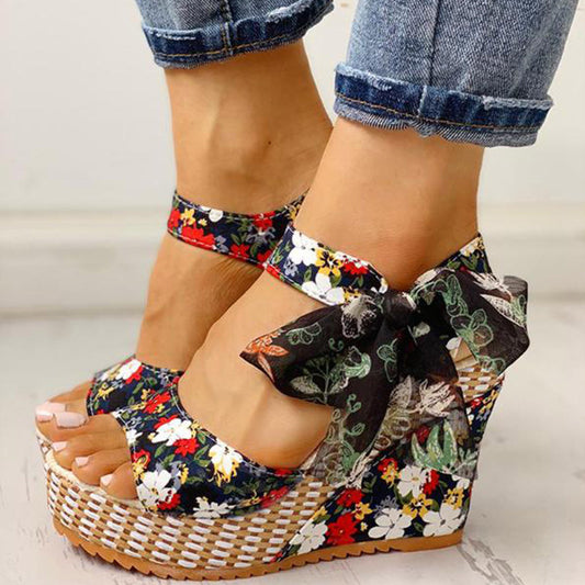 Wedge Sandals Female Floral Bowknot Platform