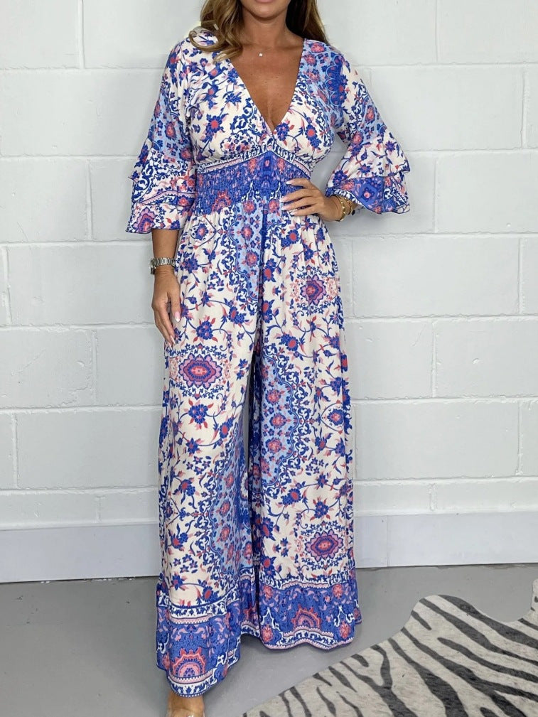 V-neck Printed Jumpsuit Plus Size Casual Jumpsuit