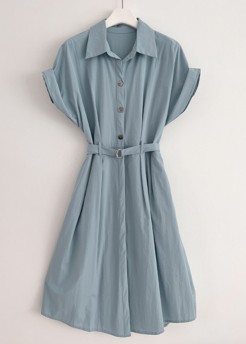 Summer French Style Lapel Tied Short Sleeve Shirt Dress