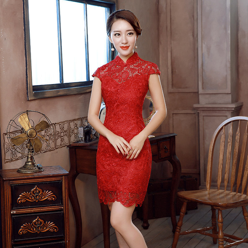 Retro slim lace short wedding cheongsam