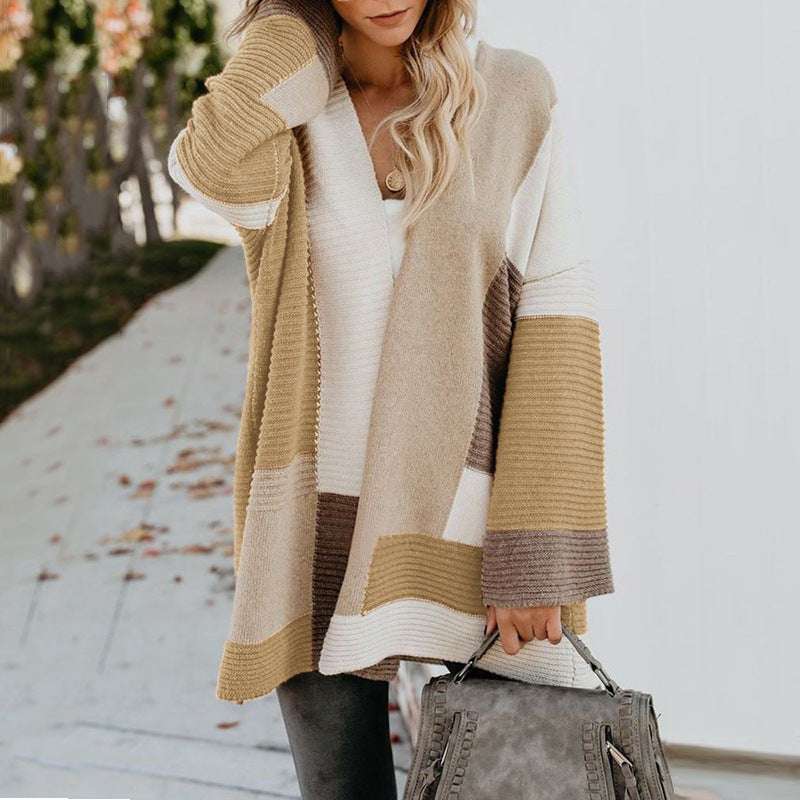 Women's Plus Size Oversized Geometric Colorblock Sweater Cardigan