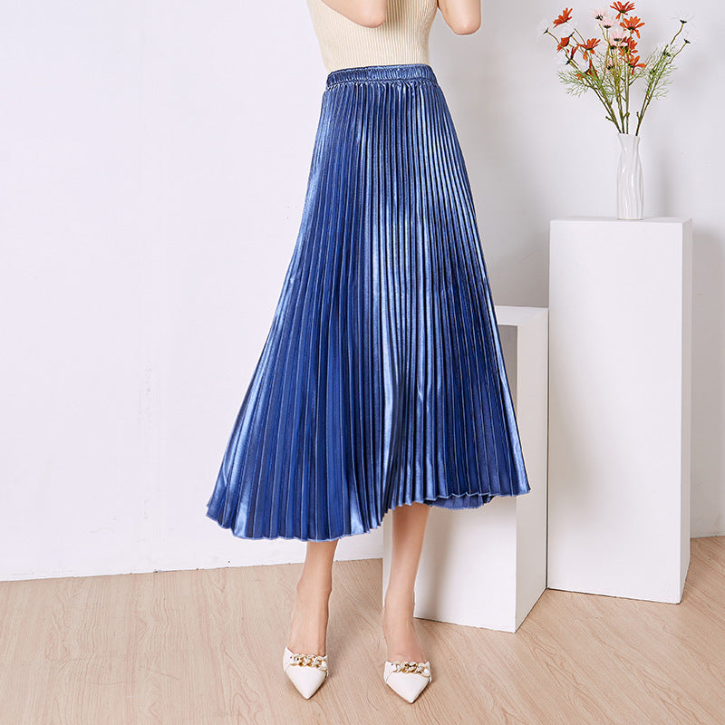 Solid Color Satin Women's High-waisted Pleated Skirt