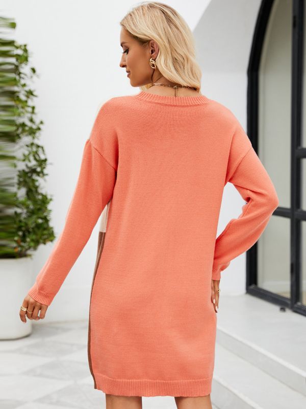 Women's Fashion Loose Temperament Knitted Stitching Contrasting-color Dress