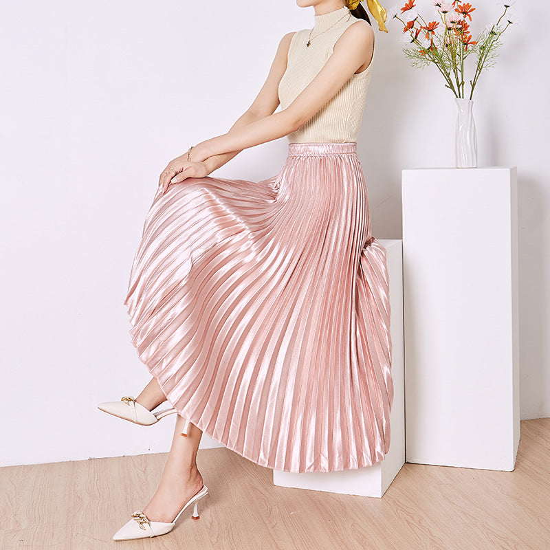 Solid Color Satin Women's High-waisted Pleated Skirt