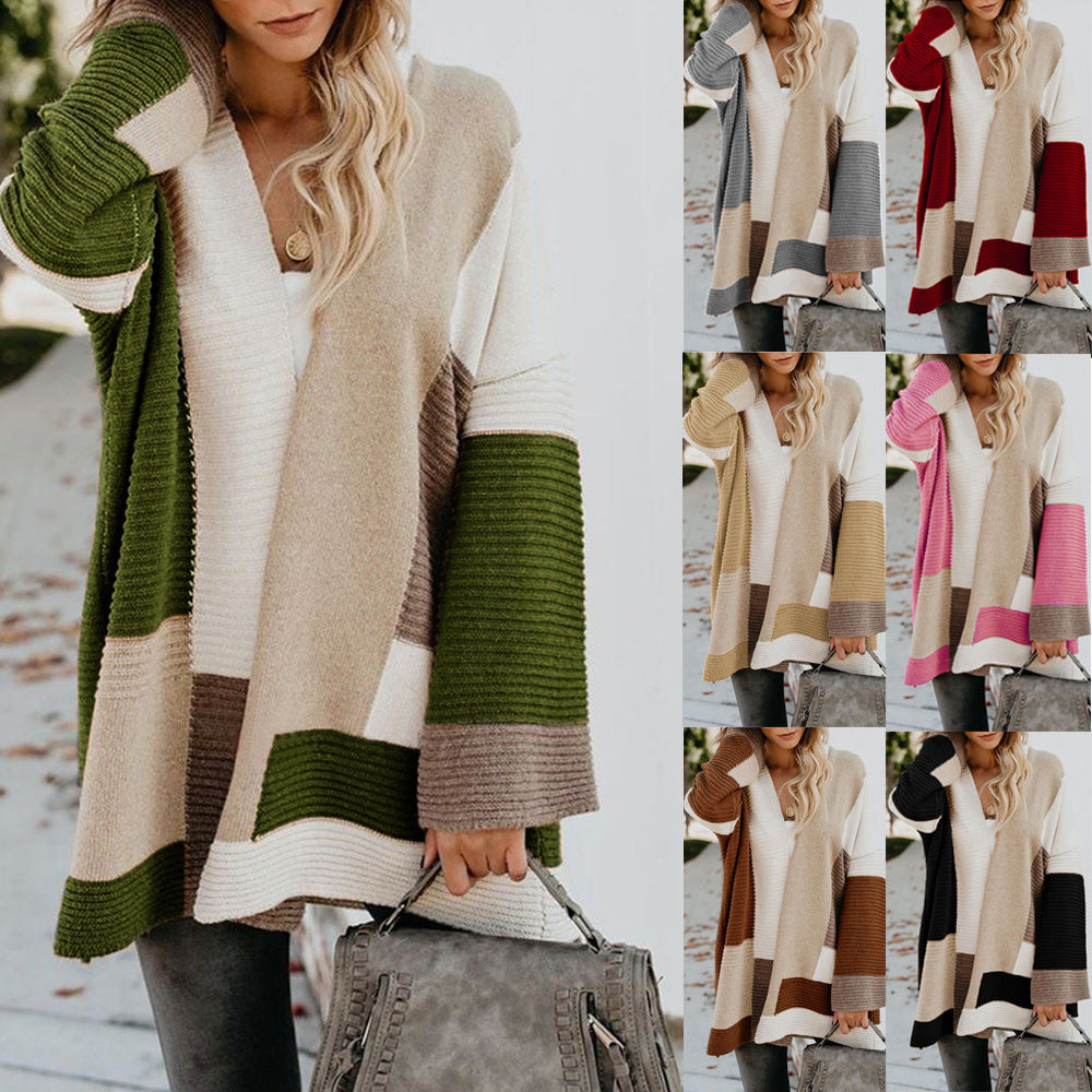 Women's Plus Size Oversized Geometric Colorblock Sweater Cardigan