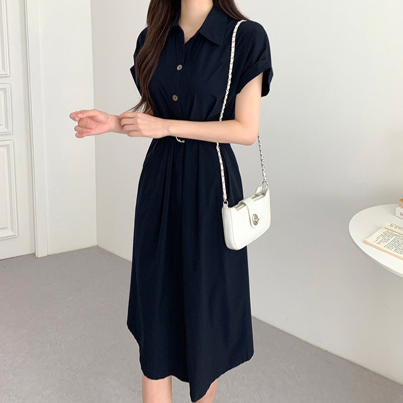 Summer French Style Lapel Tied Short Sleeve Shirt Dress