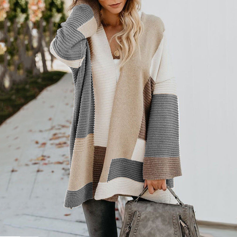 Women's Plus Size Oversized Geometric Colorblock Sweater Cardigan