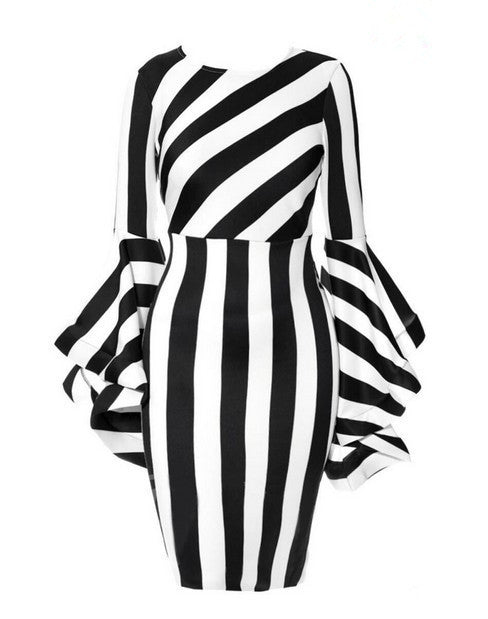 Vertical stripes stitching ruffled sleeves plus size dress