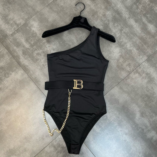 Women's Fashion One Shoulder Waist Alphabet Belt Bodysuit