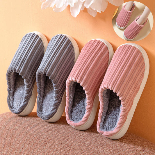 Striped Design Slippers Winter Indoor Warm Thick-soled Home Slippers Women's Plush Cotton Slippers Solid Anti Slip House Shoes