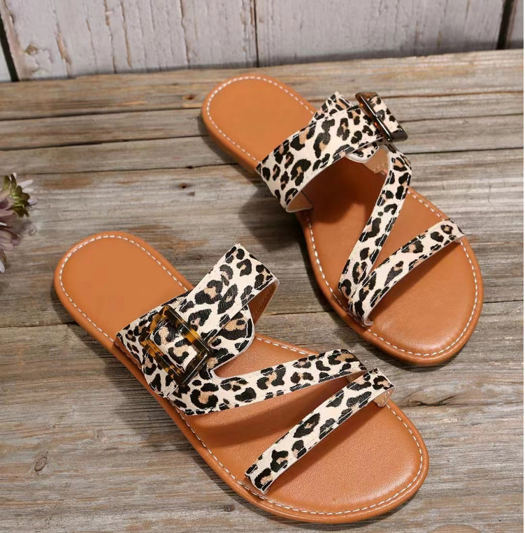 Women's Plus Size Leopard Print Flat Open Toe Slippers