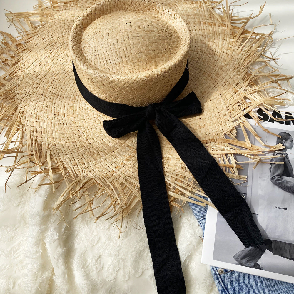 Women's Handmade Raw Edge Big Hat With Raffia Straw For Summer Vacation