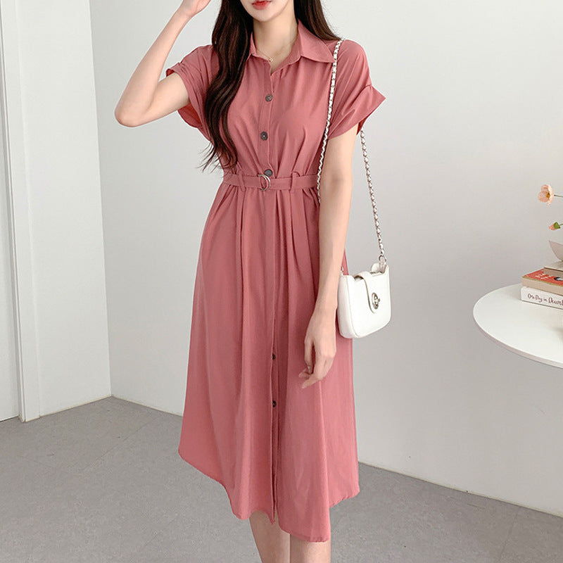 Summer French Style Lapel Tied Short Sleeve Shirt Dress