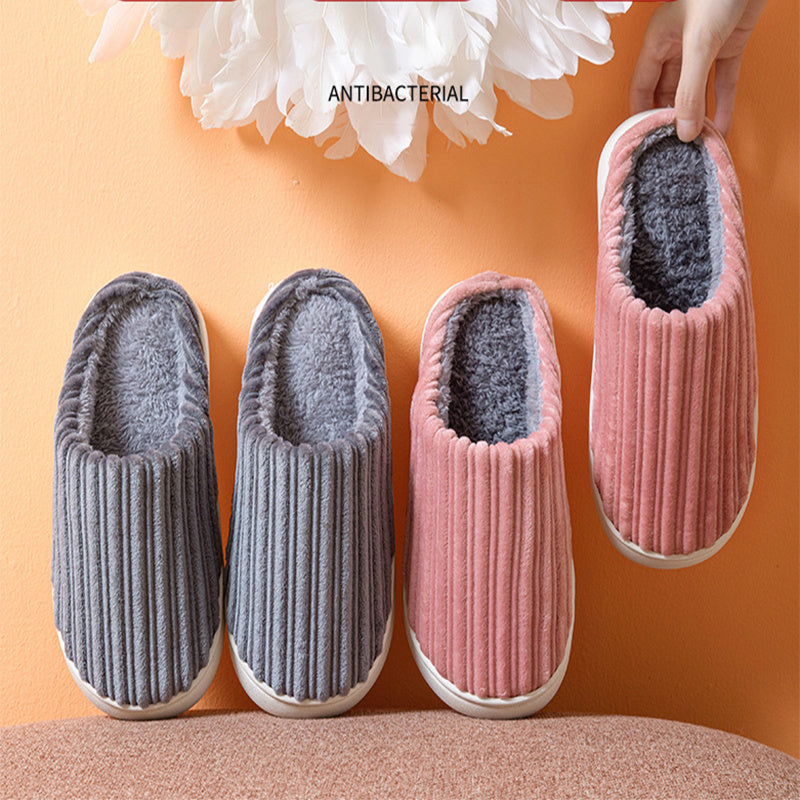 Striped Design Slippers Winter Indoor Warm Thick-soled Home Slippers Women's Plush Cotton Slippers Solid Anti Slip House Shoes