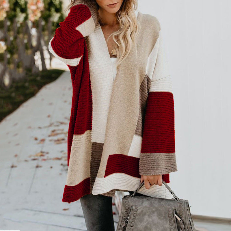 Women's Plus Size Oversized Geometric Colorblock Sweater Cardigan