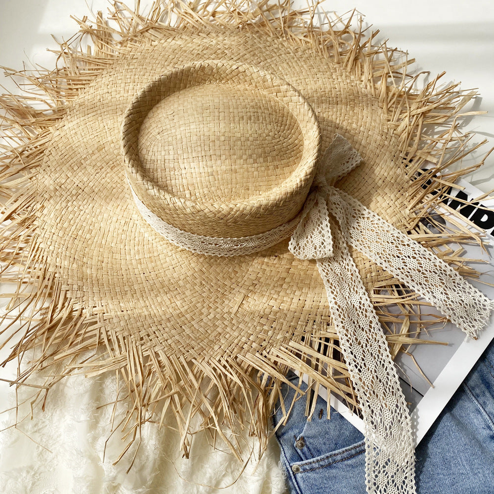 Women's Handmade Raw Edge Big Hat With Raffia Straw For Summer Vacation