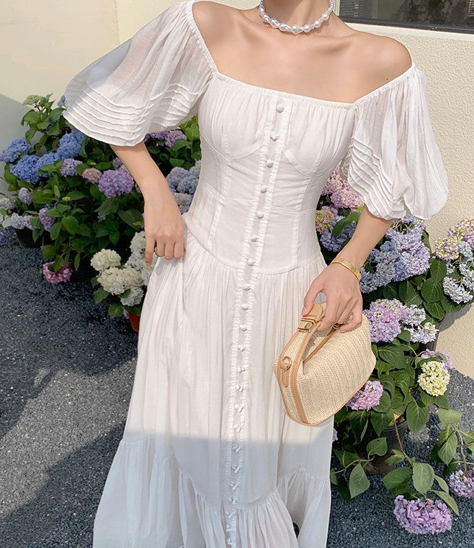 Women's Square Neck Off Shoulder Bubble Sleeve Dress