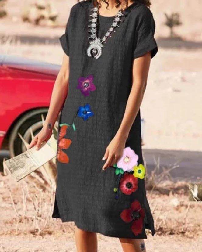 Round Neck Short Sleeve Printed Lotus Long Dress