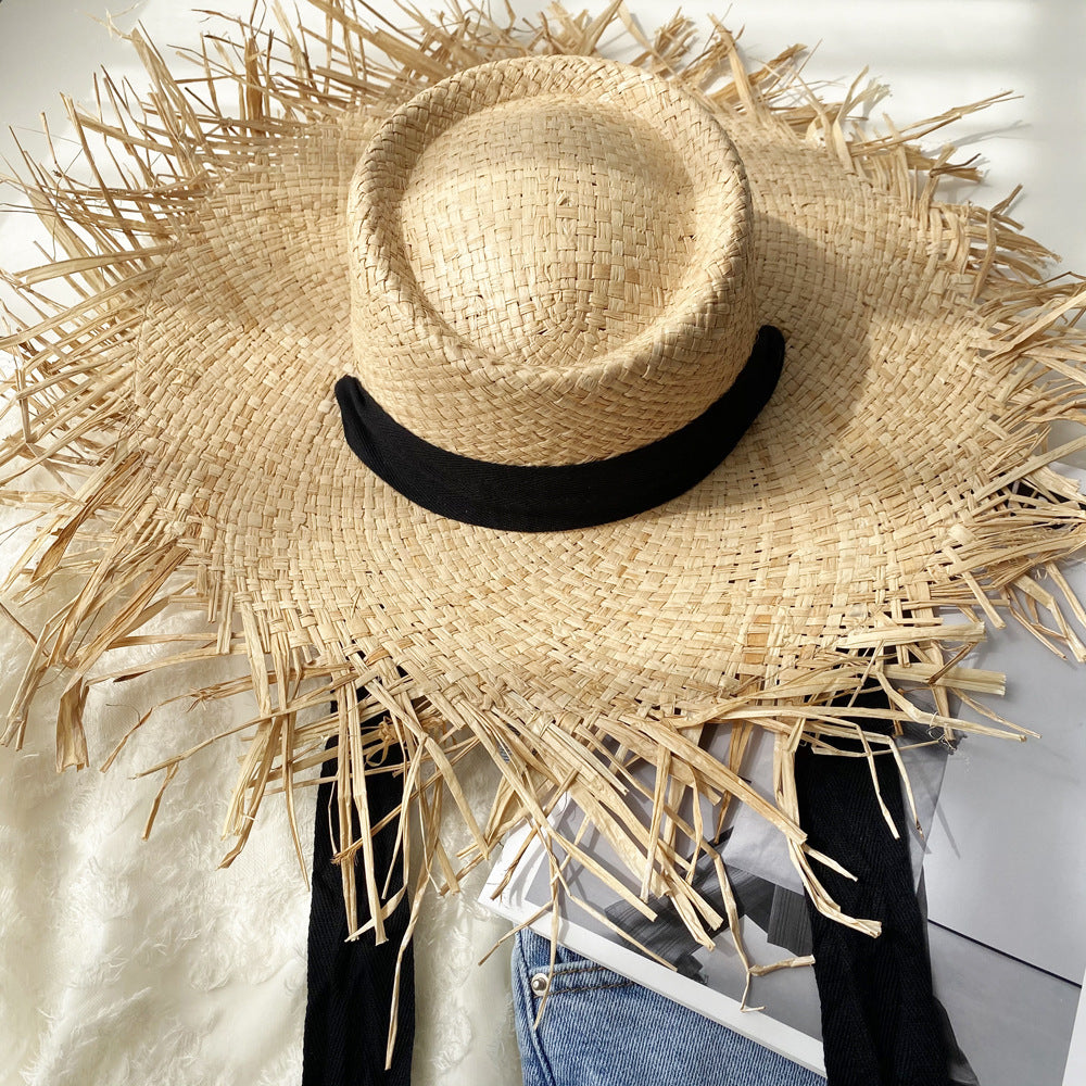 Women's Handmade Raw Edge Big Hat With Raffia Straw For Summer Vacation