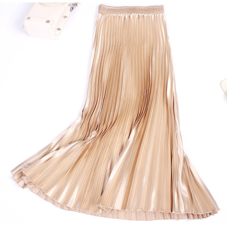 Solid Color Satin Women's High-waisted Pleated Skirt