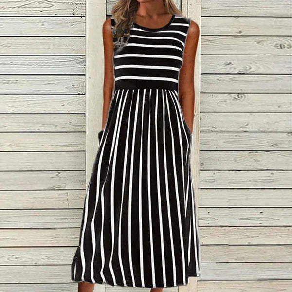 Striped Printed Round Neck Sleeveless Pocket Dress Women