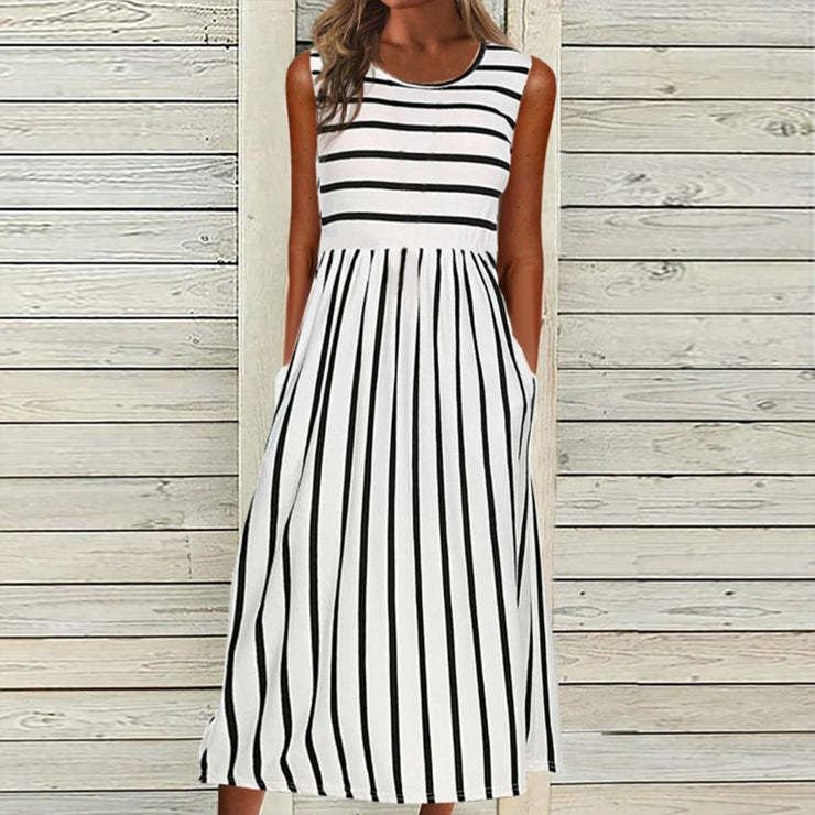 Striped Printed Round Neck Sleeveless Pocket Dress Women