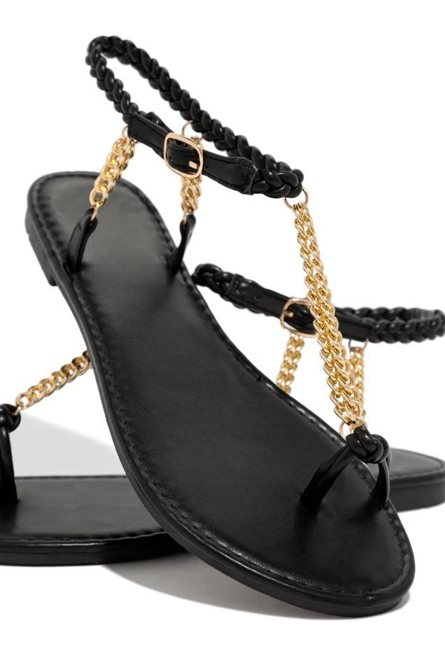 Round Toe Flat Toe Metal Chain Sandals Women's Large Size Beach Sandals